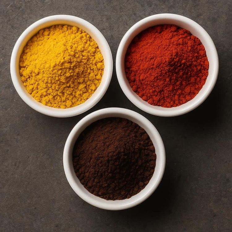 Three white bowls filled with different colored maca powder. The top left bowl contains yellow maca, the top right bowl has red maca, and the bottom bowl holds black maca.