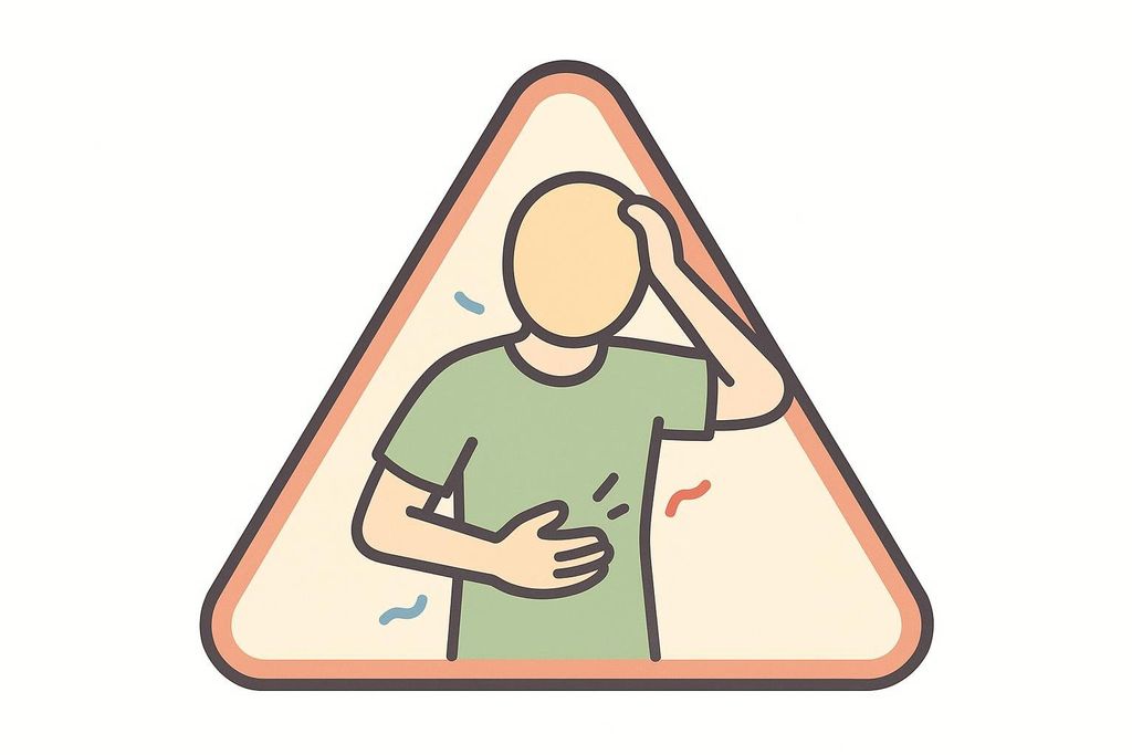 An illustration in a warning triangle of a person with one hand on their forehead and the other on their stomach, indicating discomfort. Wavy lines in red and blue suggest pain or dizziness. This image represents the dangerous side effects and complications of a 3-day water fast.