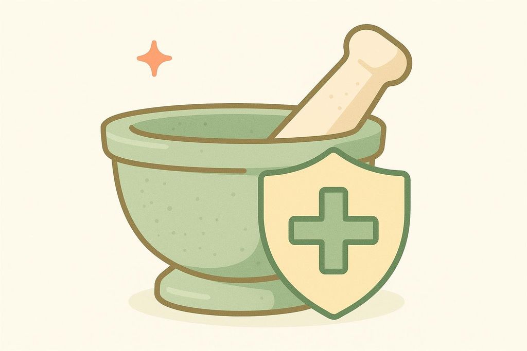 An illustration of a light green mortar and a beige pestle, with a green and yellow shield featuring a medical cross overlapping the mortar, symbolizing safety and health guidance. A small orange sparkle appears above the mortar.