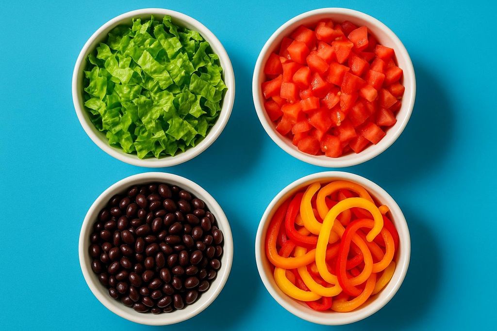 Four white bowls on a vibrant blue background, each filled with chopped fresh ingredients: crisp green lettuce, diced red tomatoes, black beans, and colorful red and yellow bell pepper strips, ready for a healthy meal.