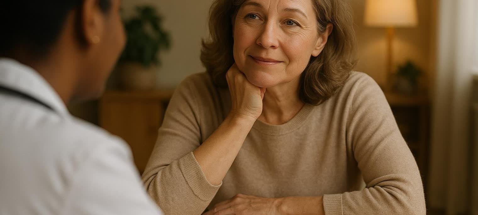 A woman with a thoughtful expression is listening to a doctor for a health consultation, with the doctor's back to the viewer.