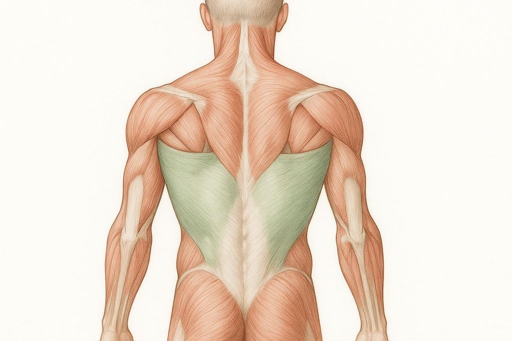 An anatomical diagram illustrating the latissimus dorsi muscles on the human back, highlighted in green. Other muscles of the back and arms are also visible.