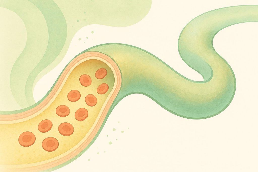 An abstract illustration of a healthy, open blood vessel with good circulation, featuring red blood cells flowing through a clear yellowish lumen, surrounded by green and peach colored vessel walls. The background is a light cream color with subtle green wisps and dots.