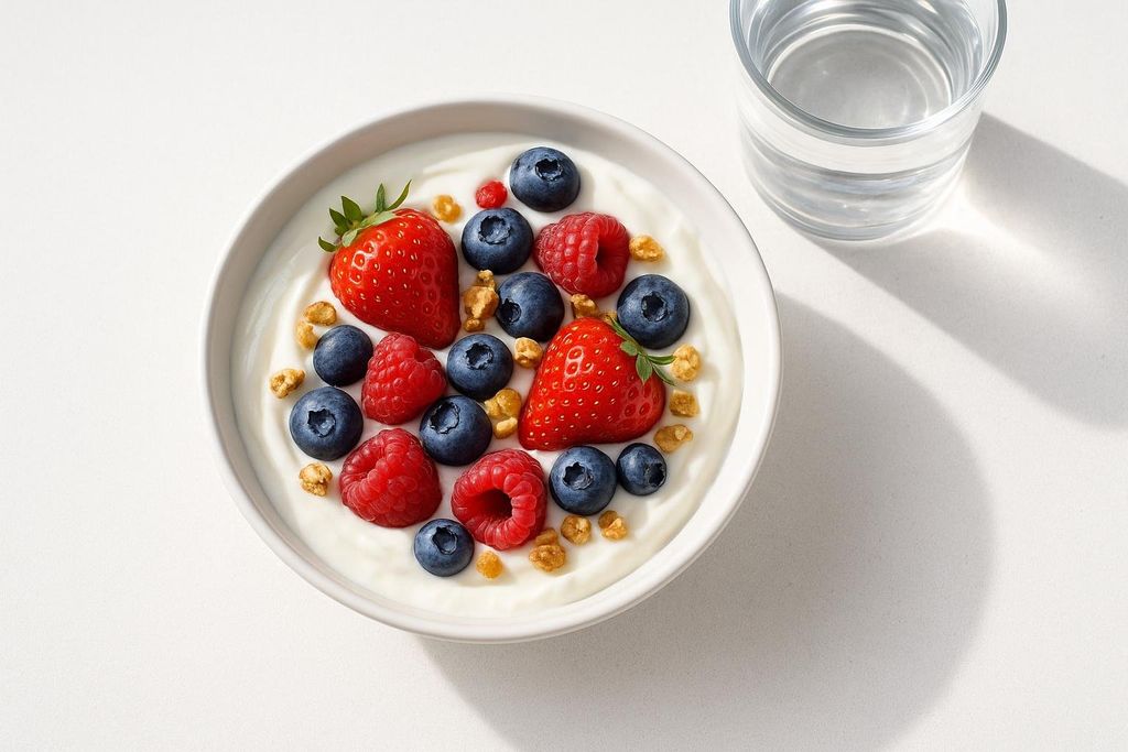 A white bowl filled with yogurt, topped with strawberries, raspberries, blueberries, and granola. A glass of water is visible in the background.