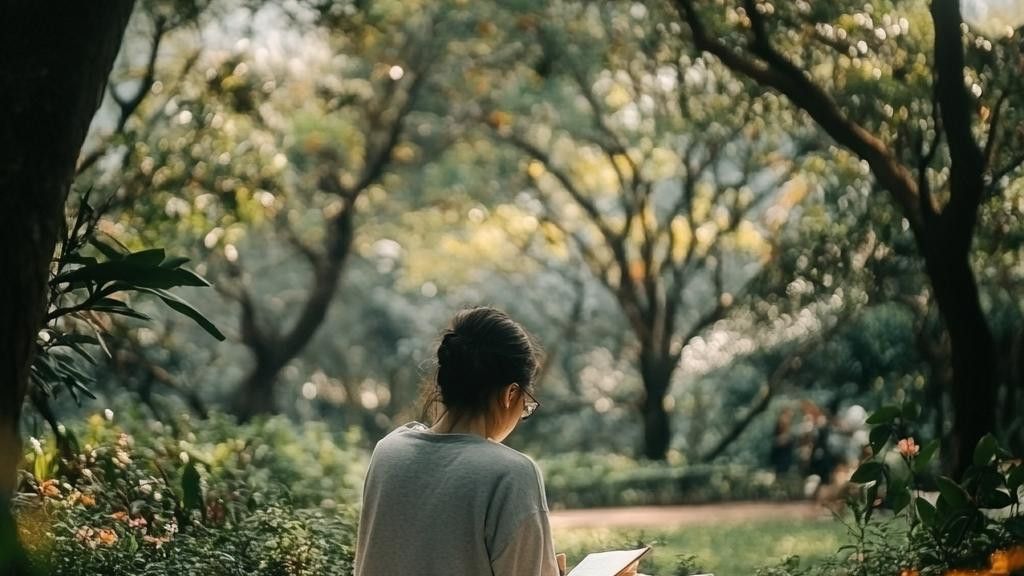 Rear view of a person seated and reading in a park. They are wearing glasses and a grey shirt. Large trees surround them, casting dappled light.