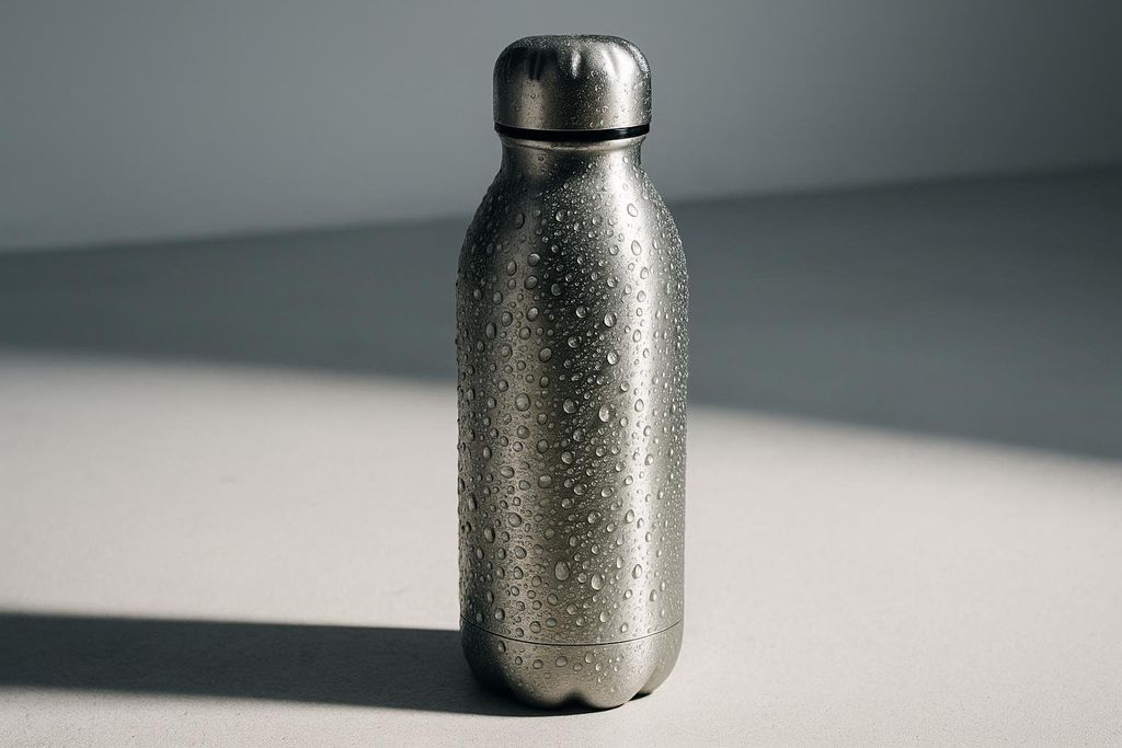 Heavy condensation running down the side of a stainless steel water bottle in a bright studio