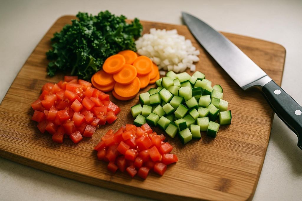 Close-up shot of various freshly chopped vegetables including kale, carrots, onions, cucumbers, and tomatoes arranged in piles on a wooden cutting board, with a chef's knife resting on the board.