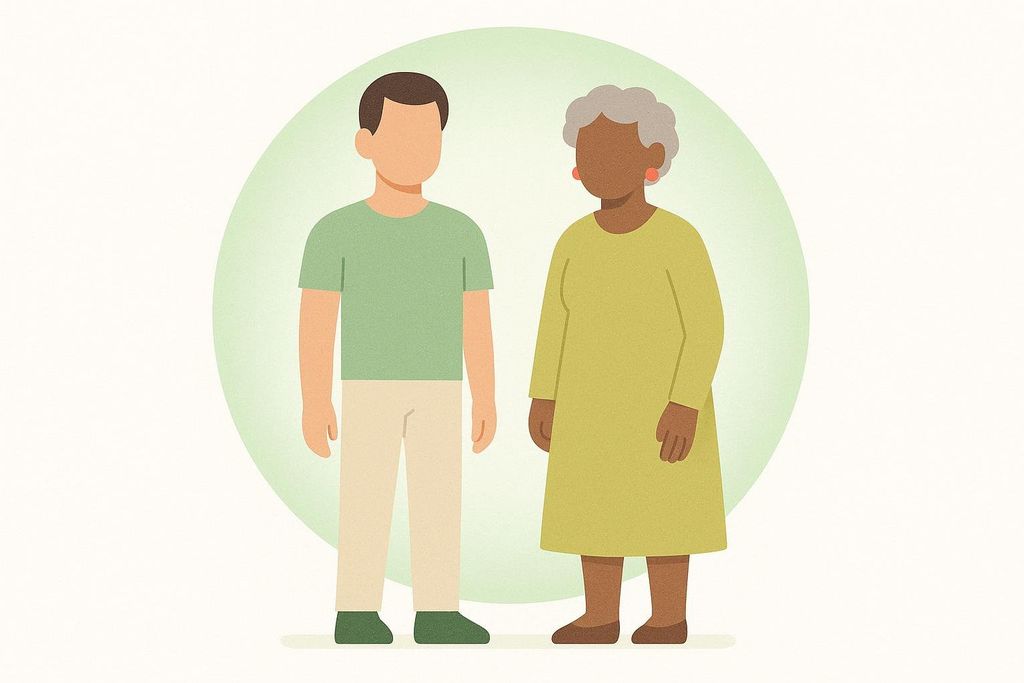 An illustration showing two abstract figures: a younger man with light skin and an older woman with dark skin and gray hair. They stand side-by-side against a light green circular background.