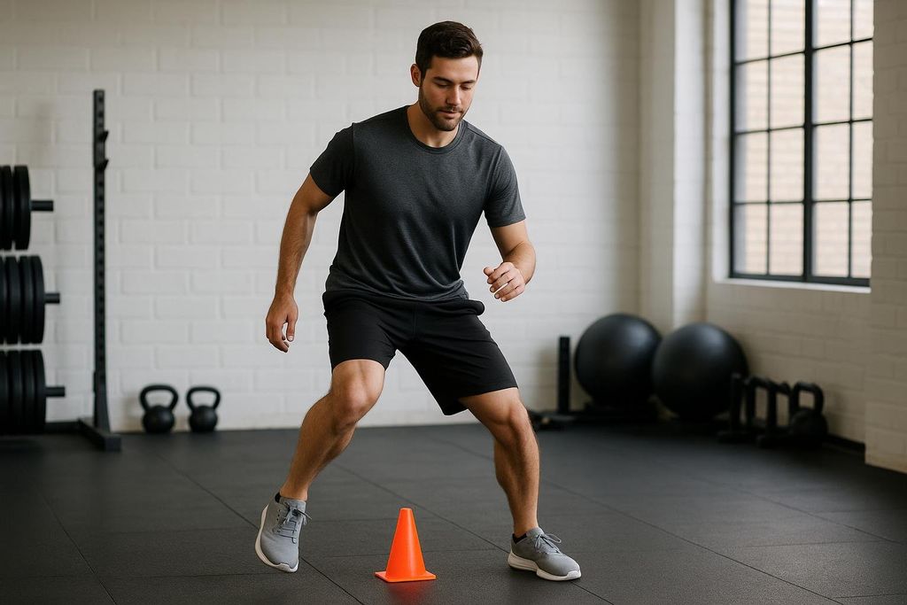 A man in athletic wear performs a side step-over drill using a small orange cone on a gym floor, demonstrating a plyometric exercise.