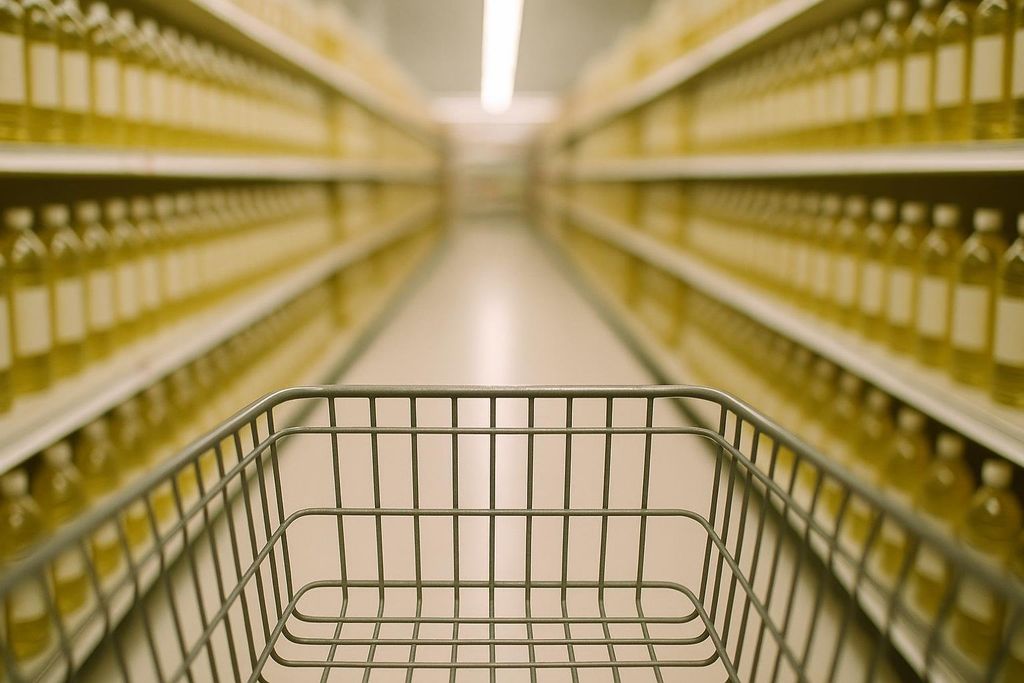 A blurred grocery store aisle filled with bottled oils behind a generic shopping cart.