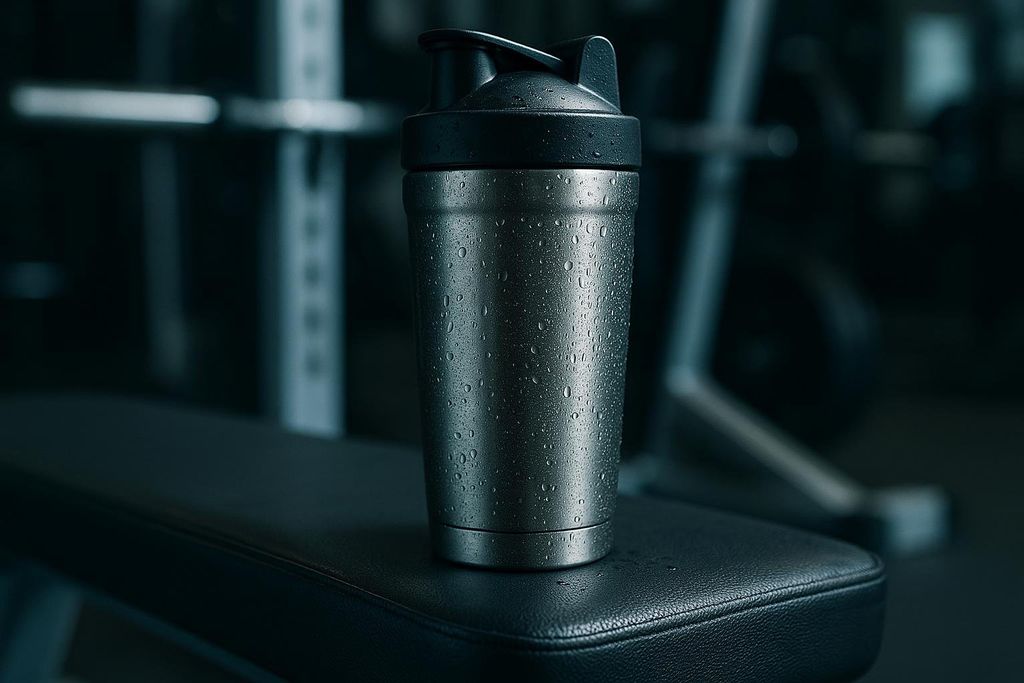 A silver, insulated protein shaker bottle with water droplets on its surface, sitting on a black gym bench. The background is a blurred view of a gym interior.