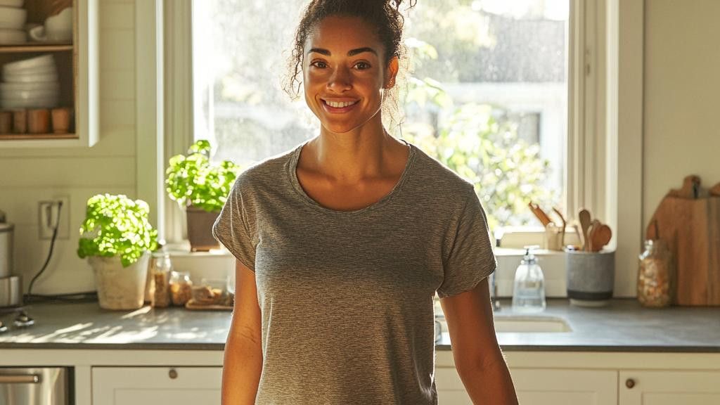 A smiling woman with curly hair stands in a bright kitchen with potted plants on the counter behind her.