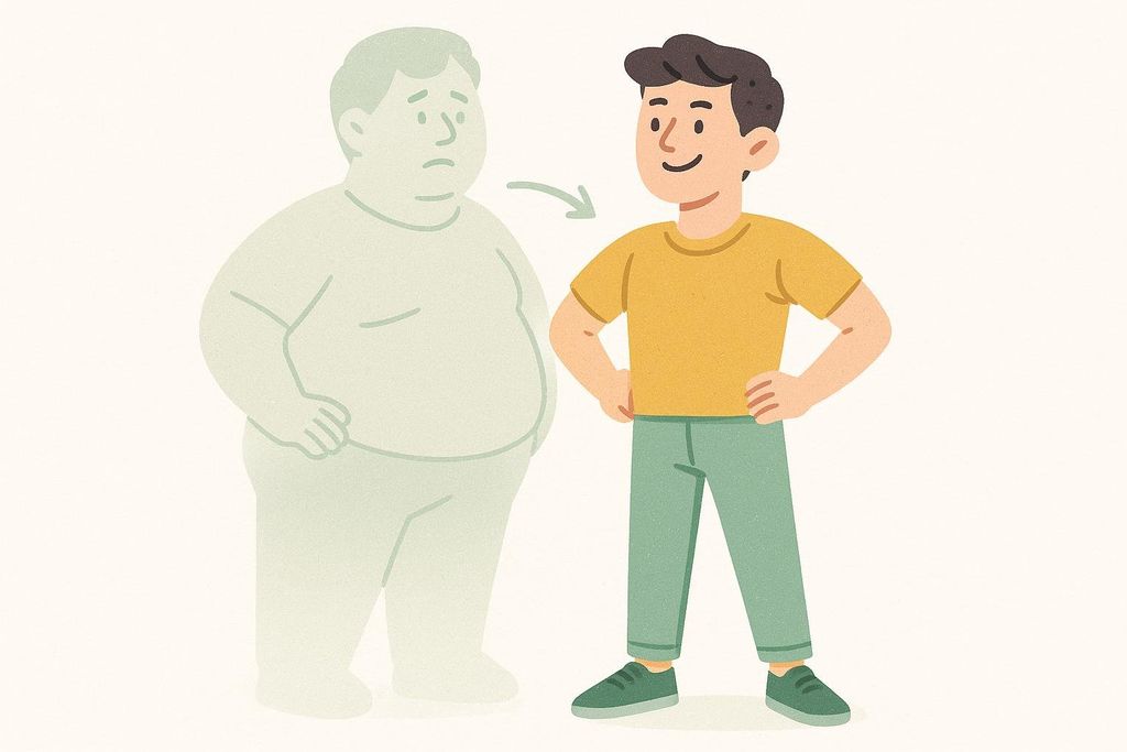An illustration showing a person's current figure with a faded, larger outline behind them, visually representing a significant weight loss with an arrow in between.