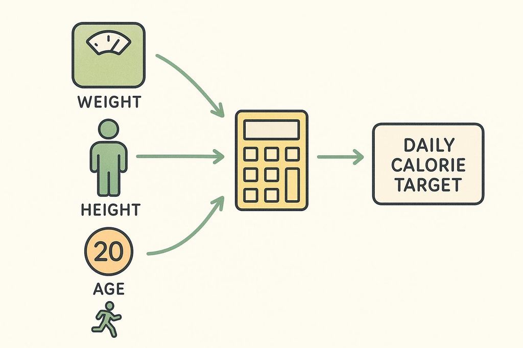Flowchart showing icons for weight, height, age, and activity level flowing into a calculator icon, which then outputs a 'Daily Calorie Target'.