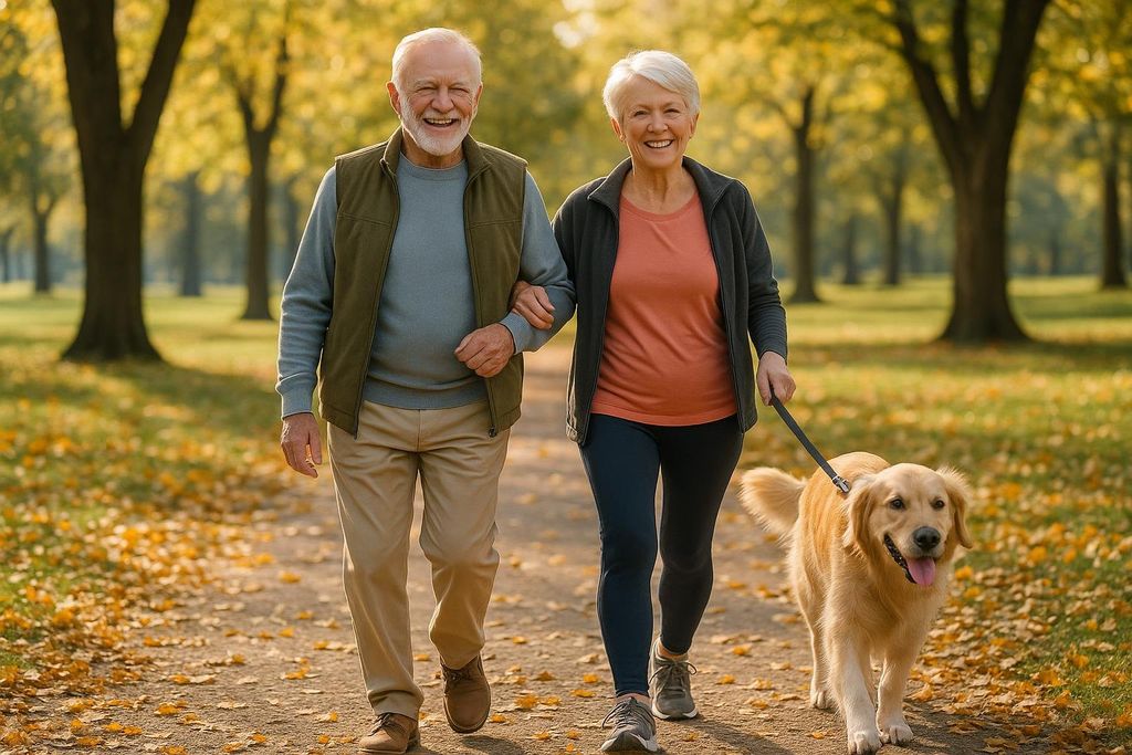 A senior couple smiles while walking arm-in-arm with their Golden Retriever on a path covered with autumn leaves in a sunny park.