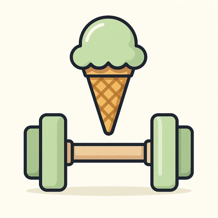 An illustration depicting a scoop of light green ice cream in a waffle cone positioned directly above a light green dumbbell. The design is simple and features clean lines.