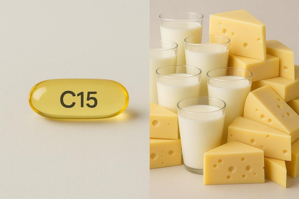 Visual comparison of a single C15 capsule next to a large quantity of milk and cheese, illustrating how much dairy is needed to obtain the same amount of C15.