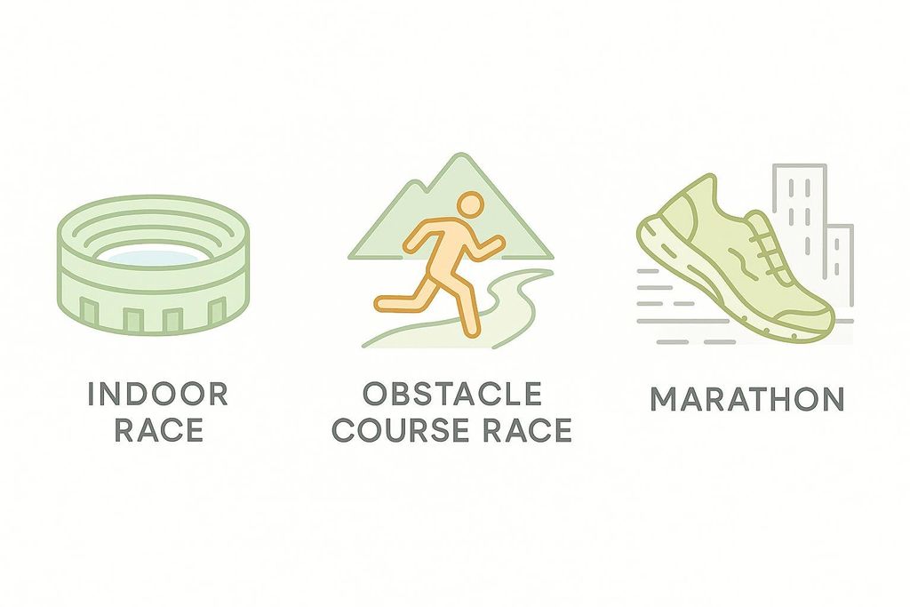 Three icons representing different fitness events: an indoor stadium for an Indoor Race, a runner on a trail with mountains for an Obstacle Course Race, and a running shoe with city buildings for a Marathon.