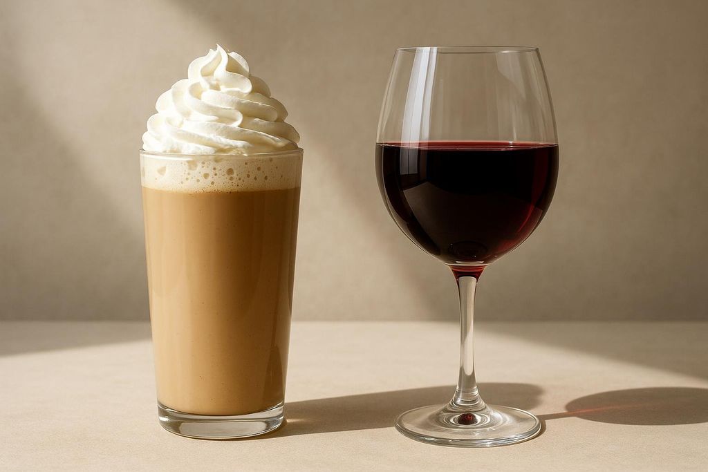 Editorial photograph of a sugary coffee drink and a glass of wine, subtly highlighting hidden sources of calories that can stall weight loss.