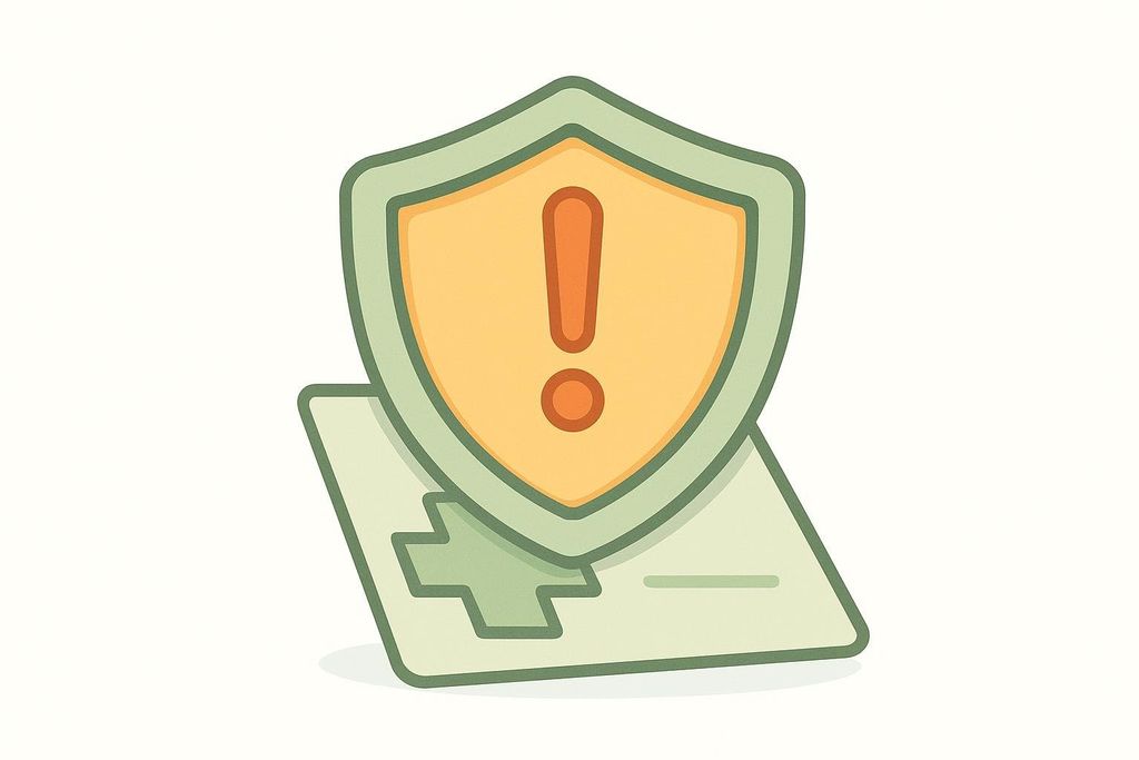 An icon depicting a warning exclamation mark inside a shield, resting on a medical record or chart with a cross and a dash, symbolizing medical contraindications or precautions.