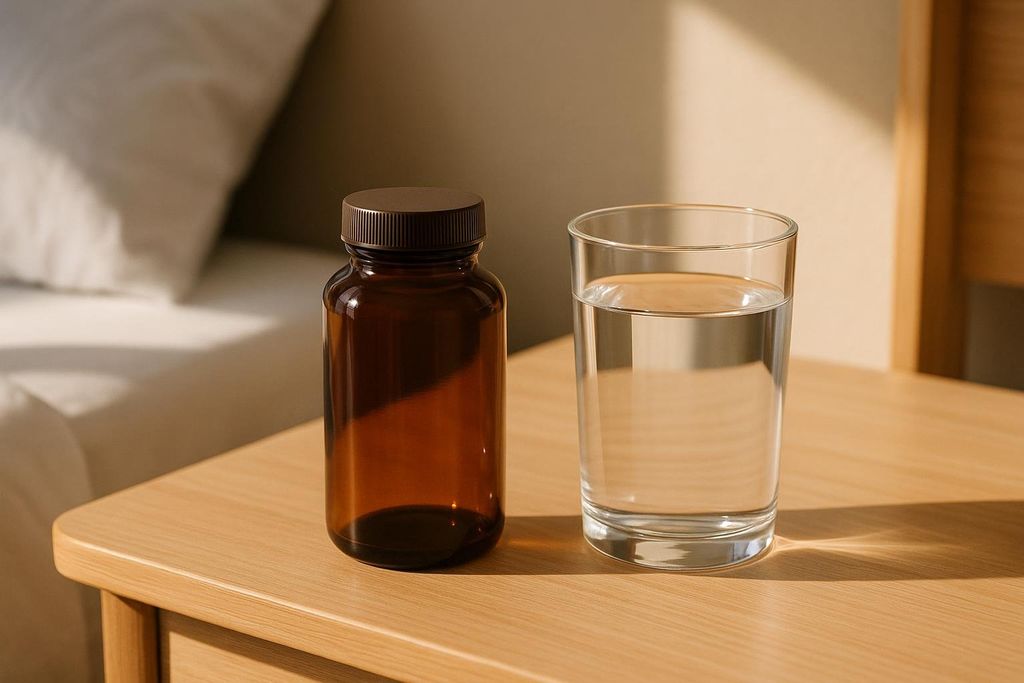 An amber glass supplement bottle with a dark brown cap sits next to a glass of water on a light wooden bedside table. A white pillow and bed are visible in the soft-focus background, and sunlight casts shadows on the table.