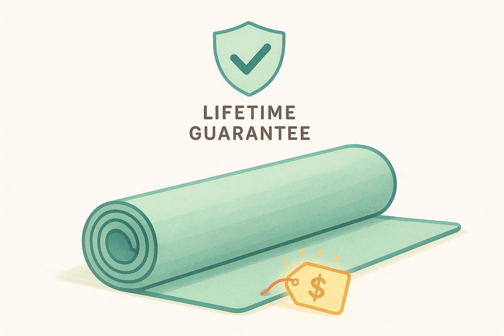 Illustration of a rolled-up teal yoga mat with a glowing orange price tag showing a dollar sign. Above it, a green shield with a checkmark is displayed, with the words 'LIFETIME GUARANTEE' written below it.