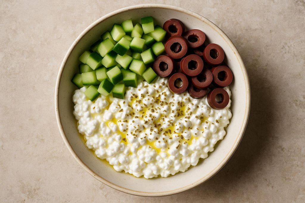A white bowl containing cottage cheese drizzled with olive oil and oregano, flanked by diced cucumber on one side and sliced black olives on the other. The bowl is set against a light brown, speckled background.