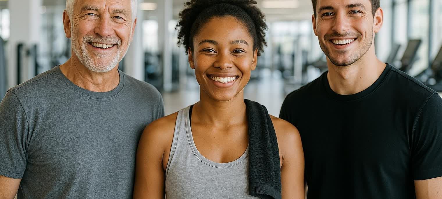Three diverse people smiling after a workout in a modern gym.