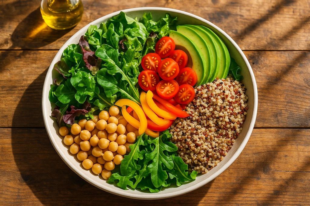 A colorful, vibrant bowl of salad with a healthy mix of green leafy vegetables, chickpeas, sliced bell peppers, cherry tomatoes, avocado, and quinoa, representing a fiber-forward meal for gut health.