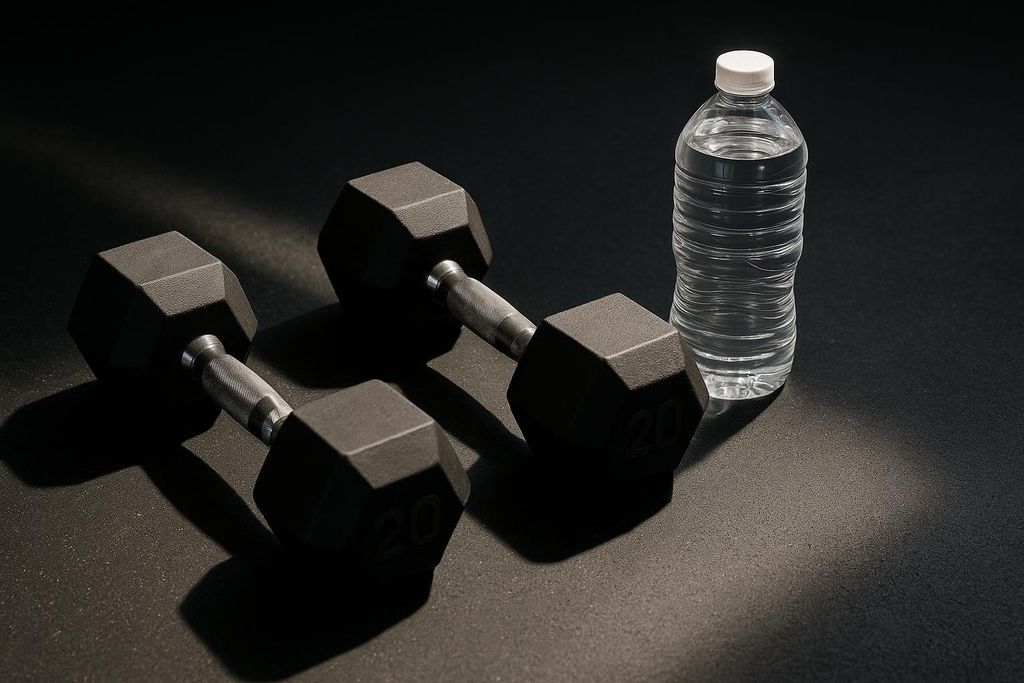 Two black dumbbells and a clear water bottle resting on a dark gym floor, with natural light highlighting the equipment.