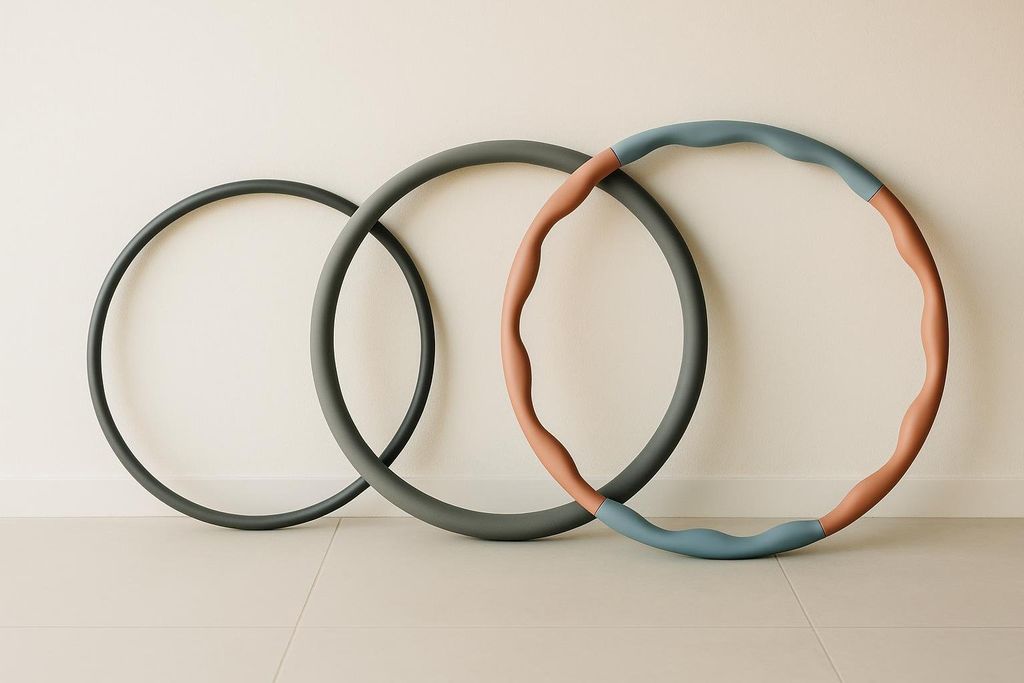 Three different weighted hula hoops with varying weights and padding options are leaned against a light-colored wall. From left to right, the hula hoops are dark gray, medium gray, and a mixed colored hoop with sections of earthy orange and muted blue, which appears to have a textured, wavy surface.