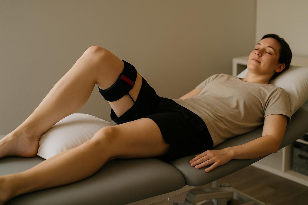 A patient lies on a medical examination table with their leg elevated on a pillow, wearing a blood flow restriction (BFR) cuff on their upper thigh for post-surgery recovery. The patient appears relaxed with their eyes closed in a clinical setting.
