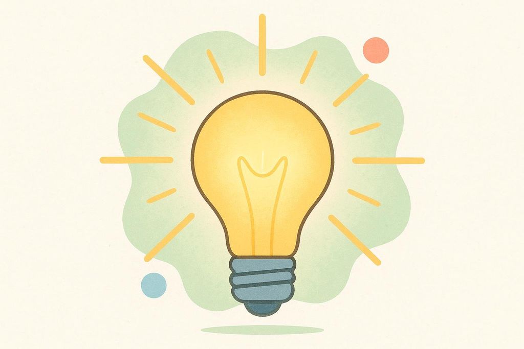 A stylized illustration of a glowing yellow lightbulb with rays of light extending outwards, set against a soft, wavy green shape on a pale, textured background. Small red and blue circles are also present in the corners.