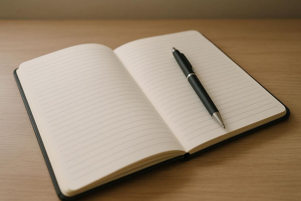 An open notebook with lined pages sits on a light wooden desk, with a black and silver pen resting on the right-hand page.