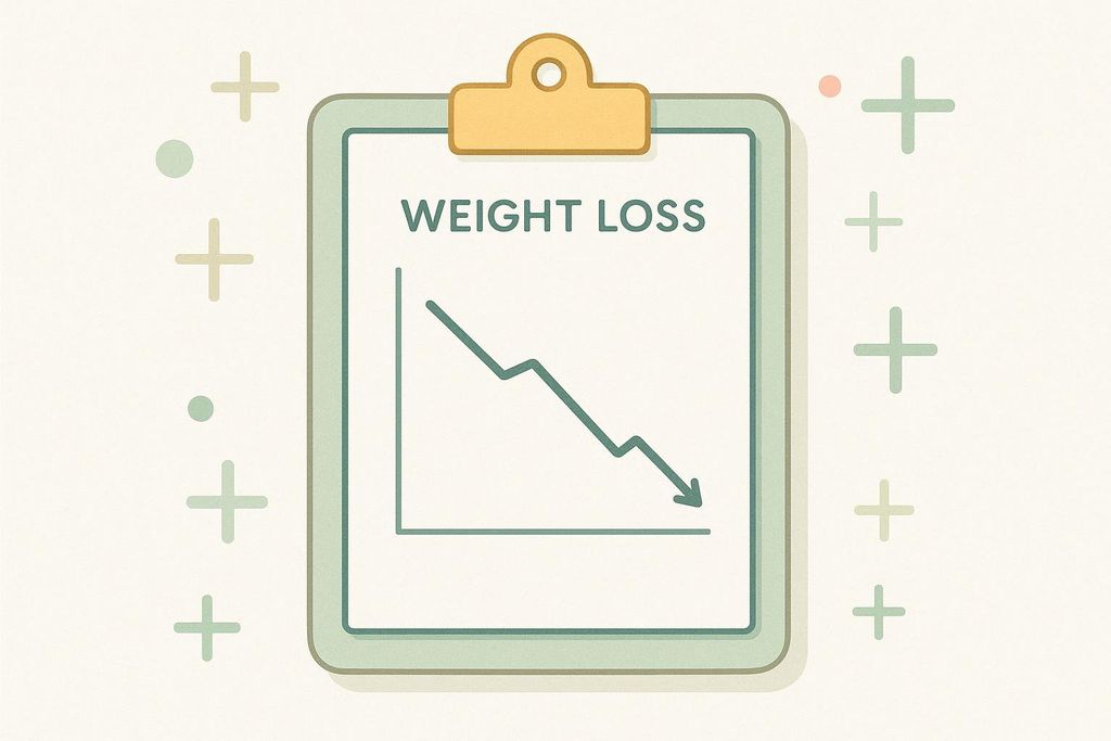 An illustration of a clipboard with a chart labeled 'WEIGHT LOSS'. The chart shows a line graph with a downward trend, depicting a significant decrease.