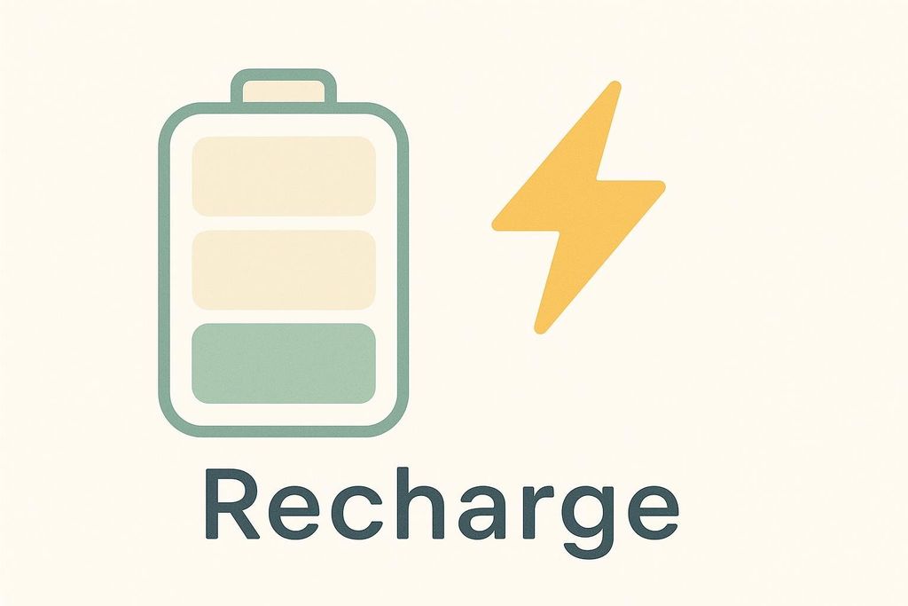 An illustration showing a battery icon with about a quarter charge, next to a yellow lightning bolt, and the word 'Recharge' written below. It symbolizes recovery or revitalizing energy.