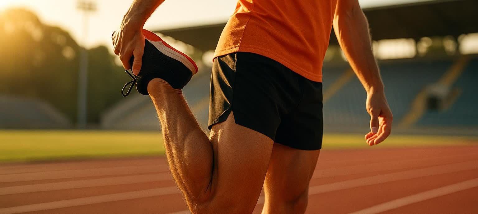 Close-up of a runner stretching leg muscles on a track.