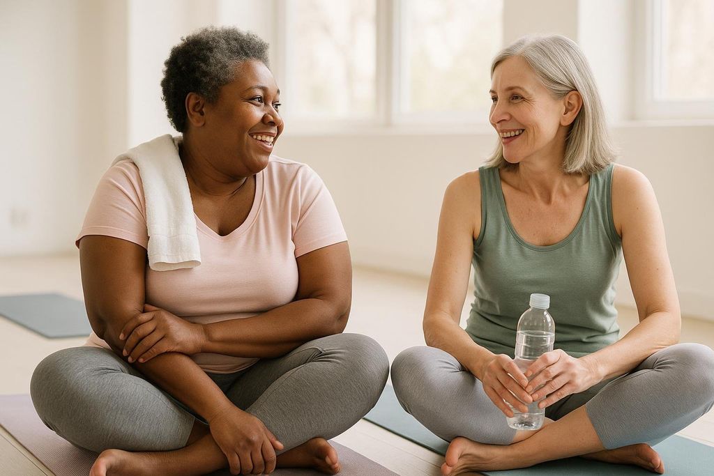 Two smiling women, one Black and one white, in athletic wear and sitting cross-legged on yoga mats after a workout. The woman on the right holds a water bottle.