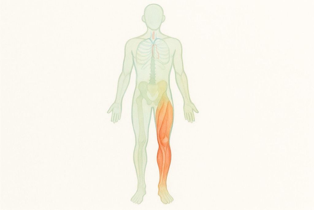 An illustration of a human figure with the left leg highlighted in orange, depicting a muscular imbalance or injury compared to the rest of the body, which is outlined in green.