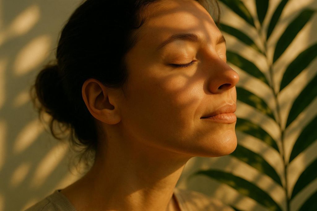 Close up photo of a woman breathing peacefully with her eyes closed, illuminated by dappled sunlight. A green leafy plant is blurred in the background.