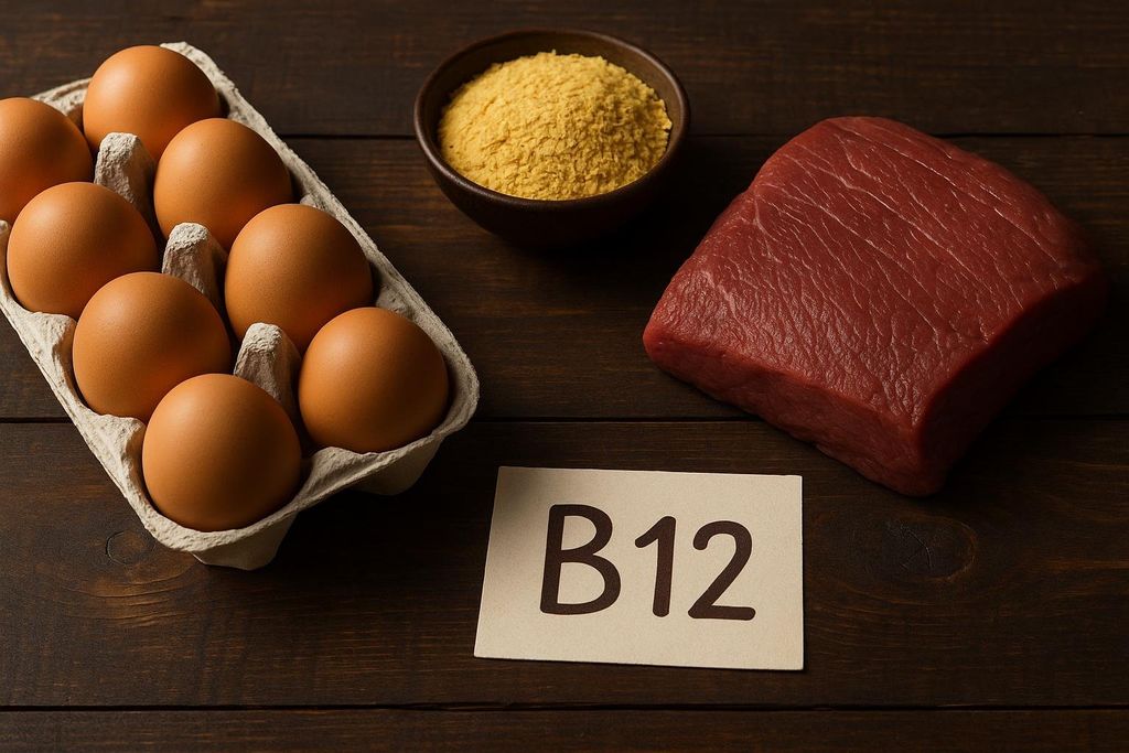 An overhead view on a dark wooden table showing a carton of brown eggs, a bowl of yellow nutritional yeast, a raw piece of lean beef, and a small card with 'B12' written on it, representing common sources of Vitamin B12.
