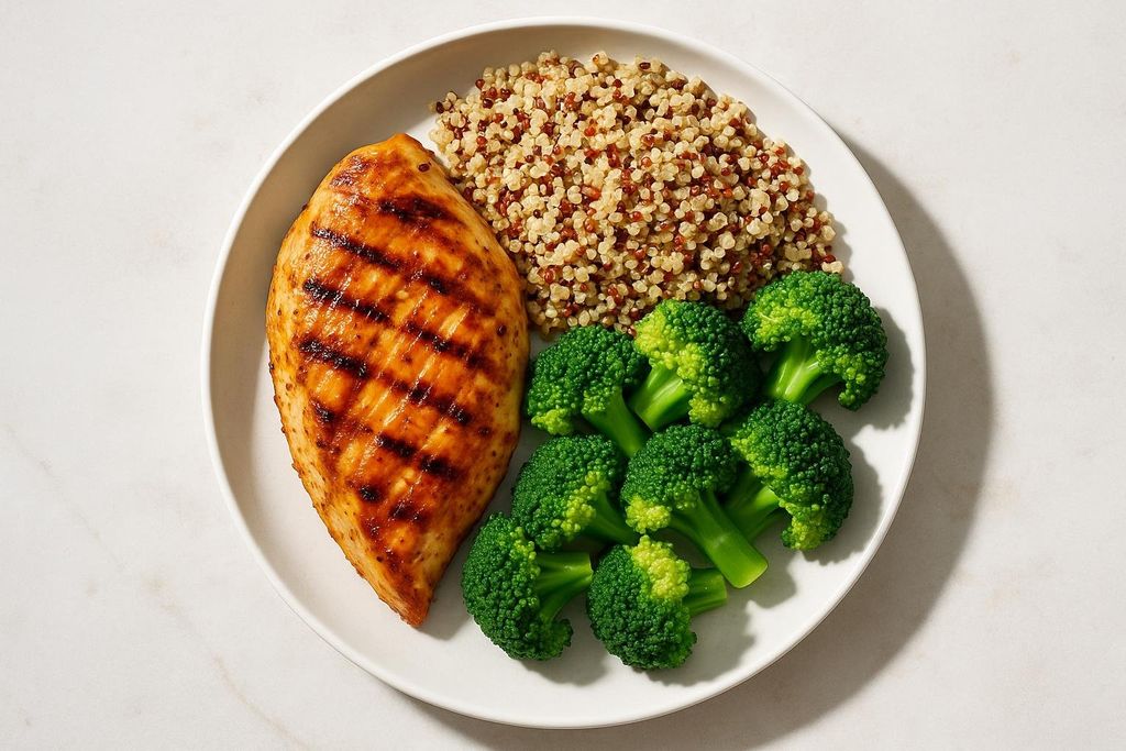 A healthy meal with a grilled chicken breast, a serving of quinoa, and several steamed broccoli florets on a white plate, representing a balanced, high-protein diet.
