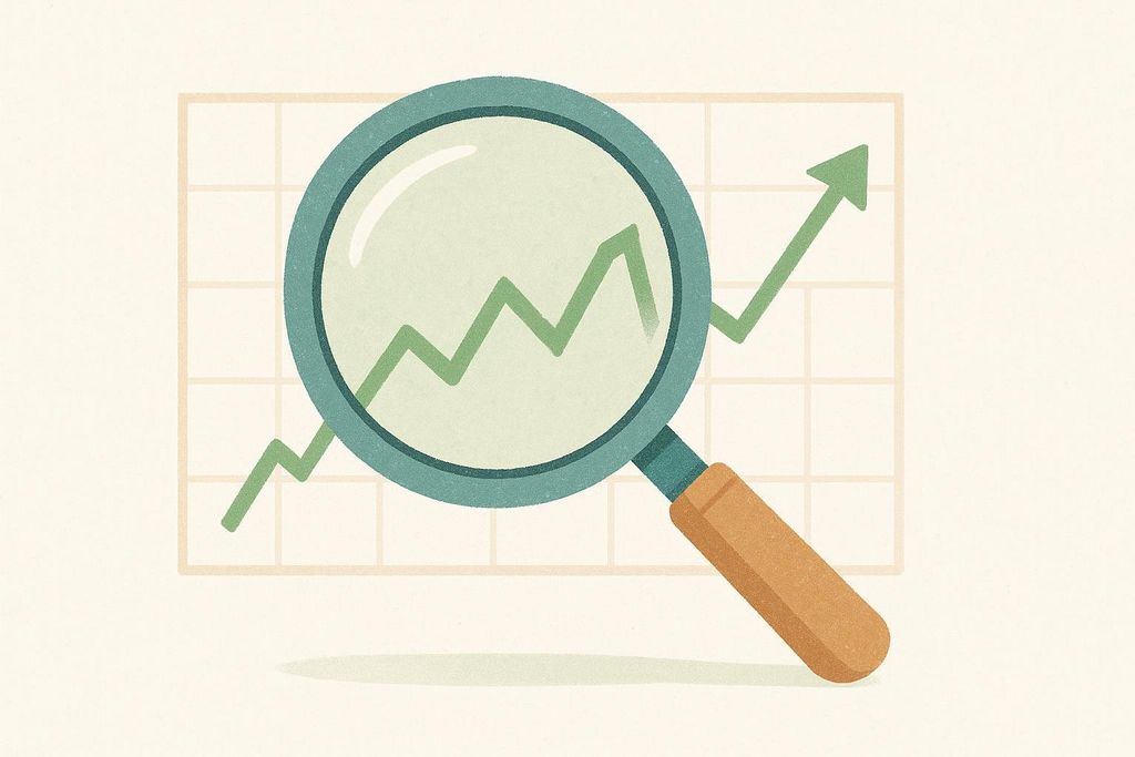 Illustration of a magnifying glass placed over a line graph showing an upward trend plotted on a grid.