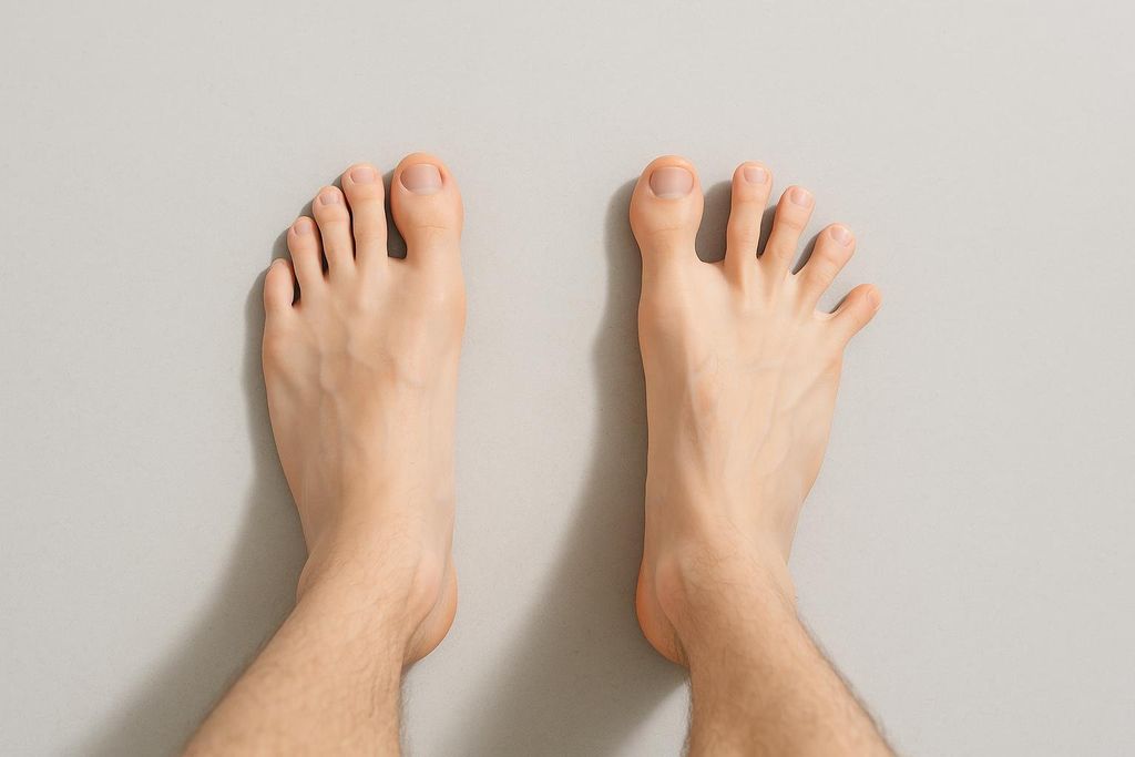 A top-down view of a pair of bare feet on a light grey surface. The left foot has its toes together, while the right foot is performing a toe spread exercise, with all toes spread wide apart.