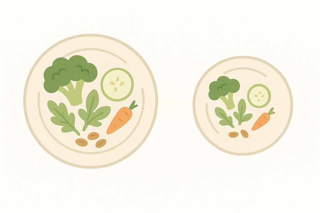 An illustration of two plates. The first plate has more food (broccoli, cucumber, arugula, carrots, and beans) than the second plate, showing the calorie drop in a Fasting Mimicking Diet (FMD) plan.