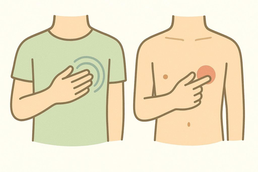 An illustration demonstrating a self-check for chest tissue: one side shows a hand pressing on a soft chest, the other shows a hand pressing on a chest with a firm disc feel.