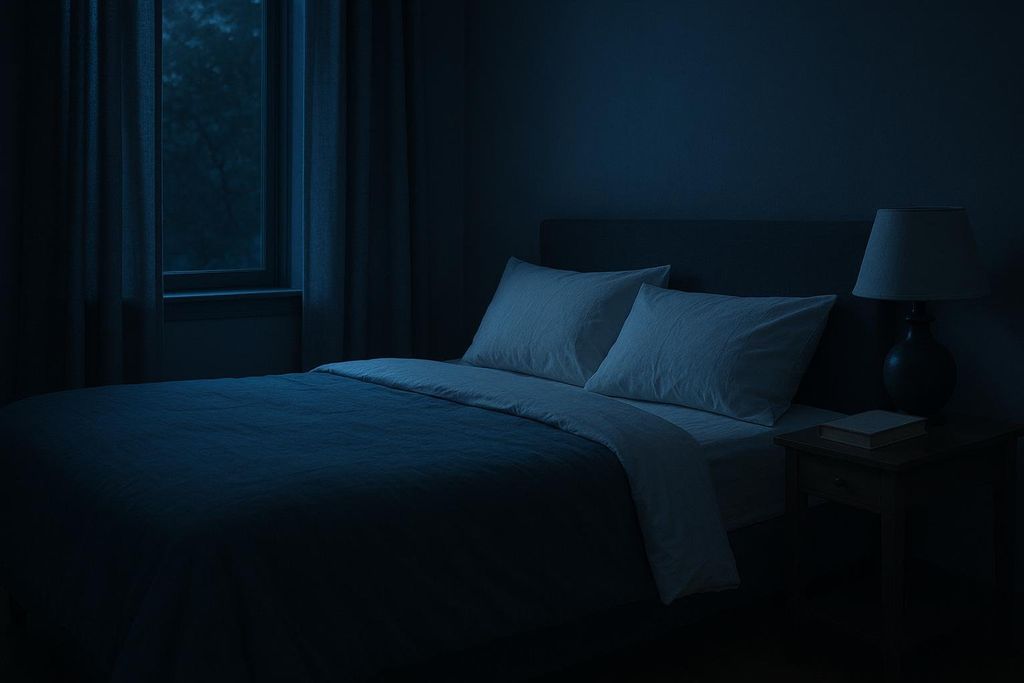 A calm, dark bedroom at night, illuminated only by dim light, with a made bed, two pillows, and a bedside table with a lamp and a book. No electronic devices are visible, promoting restful sleep.