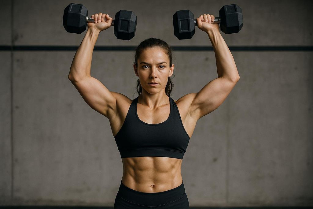 A strong, muscular woman in a black sports bra and leggings performs an overhead dumbbell press with intensity, showcasing defined abdominal muscles and biceps. Her arms are fully extended upwards, holding dumbbells, demonstrating excellent form.
