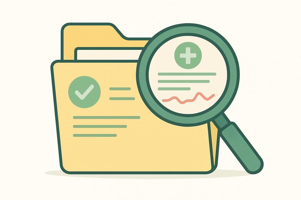 An illustration of a yellow document folder with a green checkmark and lines resembling text, being viewed by a green magnifying glass. Inside the magnifying glass, there is a green plus sign, more text lines, and a red wavy line, suggesting a medical or health record review.