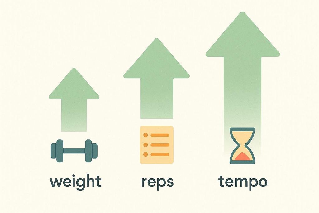 An illustration depicting the principle of progressive overload, showing increasing arrows above icons for weight, reps, and tempo.